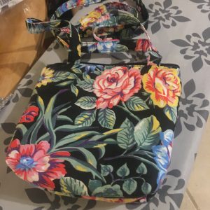 Bright Floral on Black Purse with Long Shoulder Straps and a Zipper